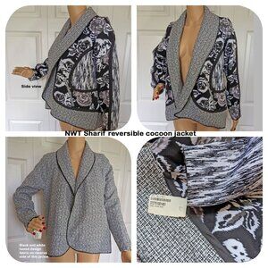NWT Sharif Couture Reversible Open Front Jacket, Sz S, Black & White fabric mix